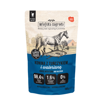 Karma mokra dla kota Wiejska Zagroda Konina z tuńczykiem i walerianą (dorosły) 100g