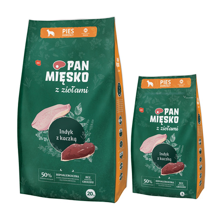 ZESTAW Karma sucha dla psa Pan Mięsko z Ziołami Indyk z kaczką M 20 kg + 3 kg za 1 GROSZ