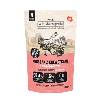 Karma mokra dla kota Wiejska Zagroda Kurczak z krewetkami i walerianą (dorosły) 100g