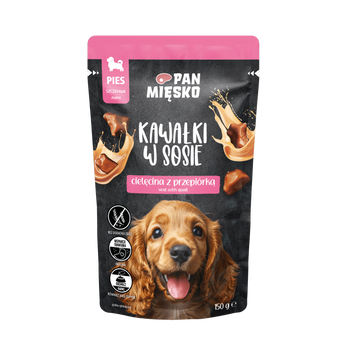 Karma mokra dla psa Pan Mięsko Kawałki w sosie Cielęcina z przepiórką (szczeniak) 150g