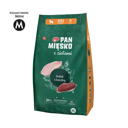 Karma sucha dla psa Pan Mięsko z Ziołami Indyk z kaczką M 20 kg 